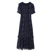 Robe midi chic et décontractée pour femme, nouvelle collection été 2026, col en V imprimé, à volants, style rétro, manches courtes.