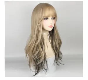 Kadınlar için 22 inç uzun dalgalı saç peruk sarışın siyah sentetik saç doğal kıvırcık peruk için hava patlama parti Cosplay peruk ile kız
