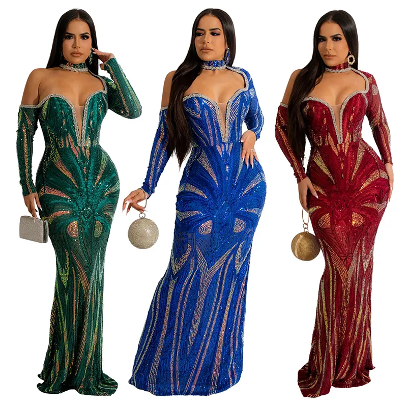 CY900126 Glam Up Round Neck Cut Out Sequined Gown Long Sleeve Turtleneck Cold Shoulder Maxi Evening Dresses