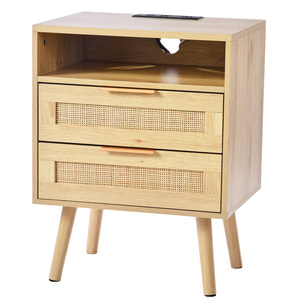 <b>Rattan</b> Nightstand With Drawer Open Shelf Solid Wood Legs Boho <b>Bedside</b> <b>Table</b> Storage Drawers - Product Image 2