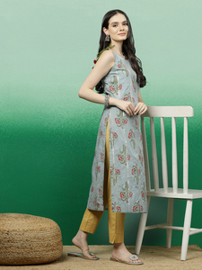 Traditional <b>Indian</b> Designer Pure Cotton Printed Straight Cut <b>Kurti</b> Gotta Work Design Cut Sleeves Pattern Women's OEM Rama Kurtis - Product Image 4