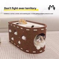 Lit pour chat intégré avec griffoir, jouet pour chat, structure semi-fermée anti-stress, forme de baril, toutes saisons, en feutre double couche