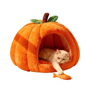 Lit-cave pour chat en forme de citrouille, tente pour chat en peluche chaude et coupe-vent, nid douillet pour chatons, pour chats d'intérieur et petits chiens, lit pour animaux de compagnie - Product Image 2