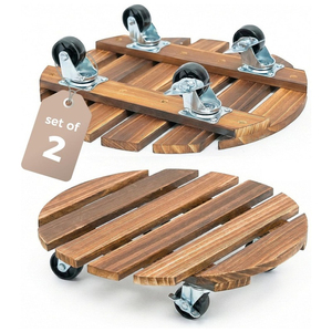 Ensemble de 2 chariots à plantes ronds en bois, robustes, avec <span class=keywords><strong>roulettes</strong></span> verrouillables à 360 degrés pour plantes en pot d'intérieur et d'extérieur - Product Image 2