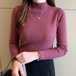 Pull tricoté côtelé uni respirant pas cher pour femme, col semi-montant, manches longues, blanc et noir, collection printemps-hiver - Product Image 5