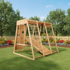 Estructura de Madera Sólida para Escalar con Tobogán, Columpio, Anillo y Cuerda de Escalada, Combinación para Parques de Diversiones Interiores y Exteriores - Product Image 6