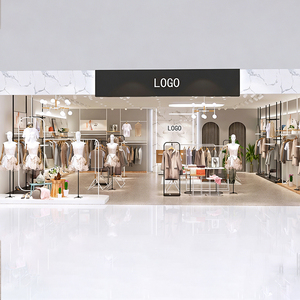 Design per Negozi <span class=keywords><strong>ONE</strong></span> Shopfitting, Espositore per Abbigliamento di Alta Gamma Personalizzato in Oro con Vetrina e Mobile Espositivo - Product Image 1