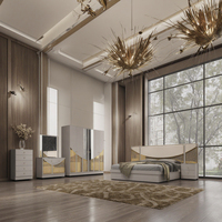Ensemble de lit king size moderne en bois, nouveau design, tête de lit en cuir, finition miroir, beige brillant, avec rangement, meubles de chambre d'hôtel