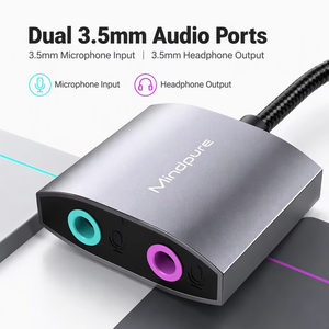 การ์ดเสียงภายนอก Mindpure USB ช่องเสียบหูฟังและไมโครโฟนแบบคู่ขนาด 3.5 มม. อะแดปเตอร์เสียง USB อลูมิเนียมอัลลอย สำหรับพีซี แล็ปท็อป และเล่นเกม - Product Image 3