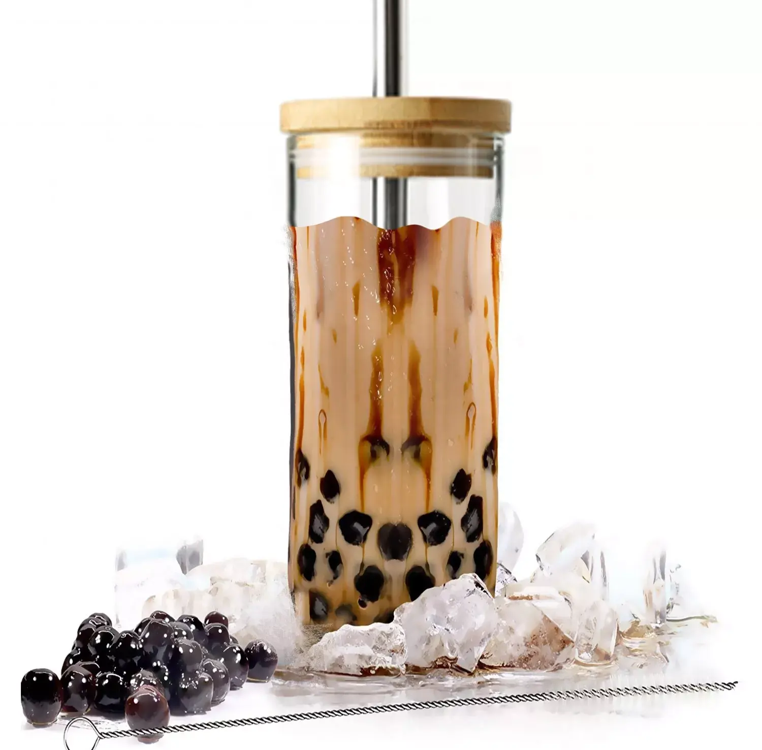 Bicchiere da tè riutilizzabile in vetro a bolle con coperchio in bambù e bottiglia di vetro riutilizzabile per tazze Boba in paglia larga