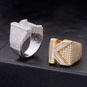 Hip Hop Custom 925 Sterling Silver Cz Moissanite Rings Jewelry Iced Out 18K Gold Plated A-Z Letter Ring For Men