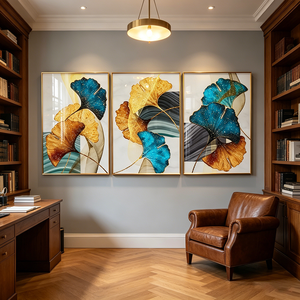 Modern Custom Glitter Gold Teal Ginkgo Leaf 3 Panel Wall Art <b>Framed</b> Abstract Living Room LED Crystal Porcelain <b>painting</b> Decor - Product Image 1