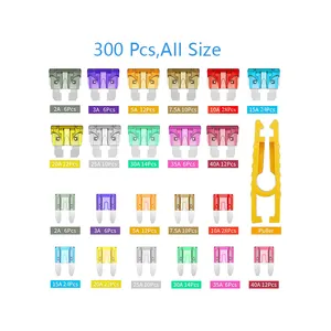 [300 buah/box] 2A-40A Sekring otomotif, termasuk 150 buah Sekring mini & 150 buah klip Sekring standar & 1 Sekring