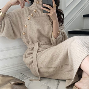 <span class=keywords><strong>Robe</strong></span> Longue <span class=keywords><strong>Pull</strong></span> Tricoté Décontracté d'Hiver pour Femme à Col Roulé et Logo Frontal - Product Image 4