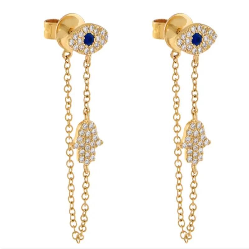 Hot selling Blue eye Earrings 925 silver 18k gold chain dangle fatima hand charms zircon Evil Eye stud earrings for women