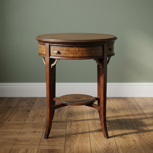 Table basse ronde en bois massif indonésien traditionnelle mobile avec tiroir de rangement et étagère inférieure, design antique pour salon - Product Image 3