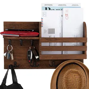 Porta posta A parete organizzatore per smistatore di posta in legno con 4 ganci A doppia chiave e uno scaffale galleggiante decorazioni per la casa rustiche per l'ingresso - Product Image 1