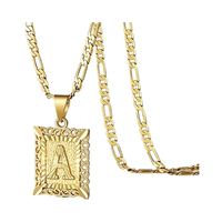 Collier Pendentif Lettre Initiale Plaqué Or 14K, Monogramme Carré Capital A-Z, Chaîne Figaro, Bijoux pour Hommes et Femmes