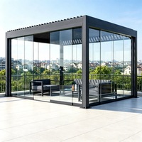 Pergola coulissante en verre sans cadre avec toit à lames orientables, résistante aux intempéries, en aluminium, de qualité commerciale pour hôtels et complexes hôteliers