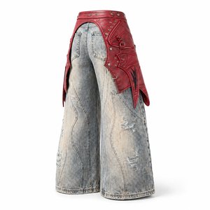 Jeans DiZNEW pour homme, coupe large, effet délavé, avec surpièces en cuir PU amovibles, fermeture éclair, rivets, style streetwear, denim, OEM ODM - Product Image 2