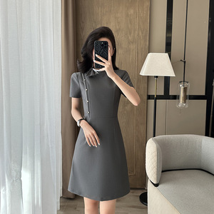 Grey Bodycon Dress Peter Pan Collar Solid Color Professional Career Dress Women's Work Uniform Summer Style - Product Image 4