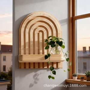 Wooden <b>Wall</b> <b>Mounted</b> <b>Shelf</b> Geometric Design Solid Wood Living Room Kitchen Bedroom Storage Display Rack Single Layer - Product Image 5
