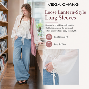 Blusa Blanca <span class=keywords><strong>de</strong></span> Gasa VEGA CHANG para <span class=keywords><strong>Mujer</strong></span> con Encaje, Cintura con Lazo y Mangas Abullonadas, Estilo Bohemio Dulce - Product Image 3