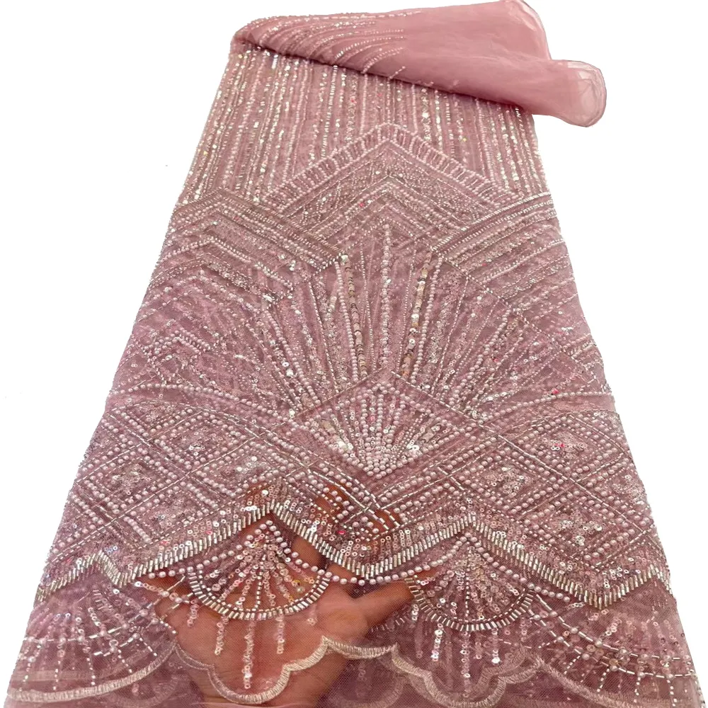 Tecido bordado de contas pesadas para vestido de casamento, tecido de renda de tule francês com pérolas e lantejoulas