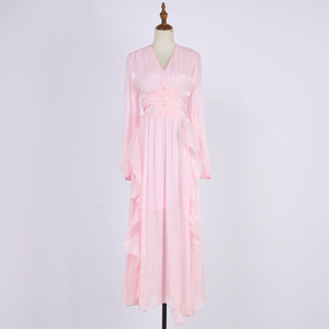 Vestido Nuevo y Moderno con Cuello en V, Plisado, de Manga Larga, con Adorno de <span class=keywords><strong>Hongo</strong></span> Negro y Falda Larga Entallada que Estiliza la Figura - Product Image 6