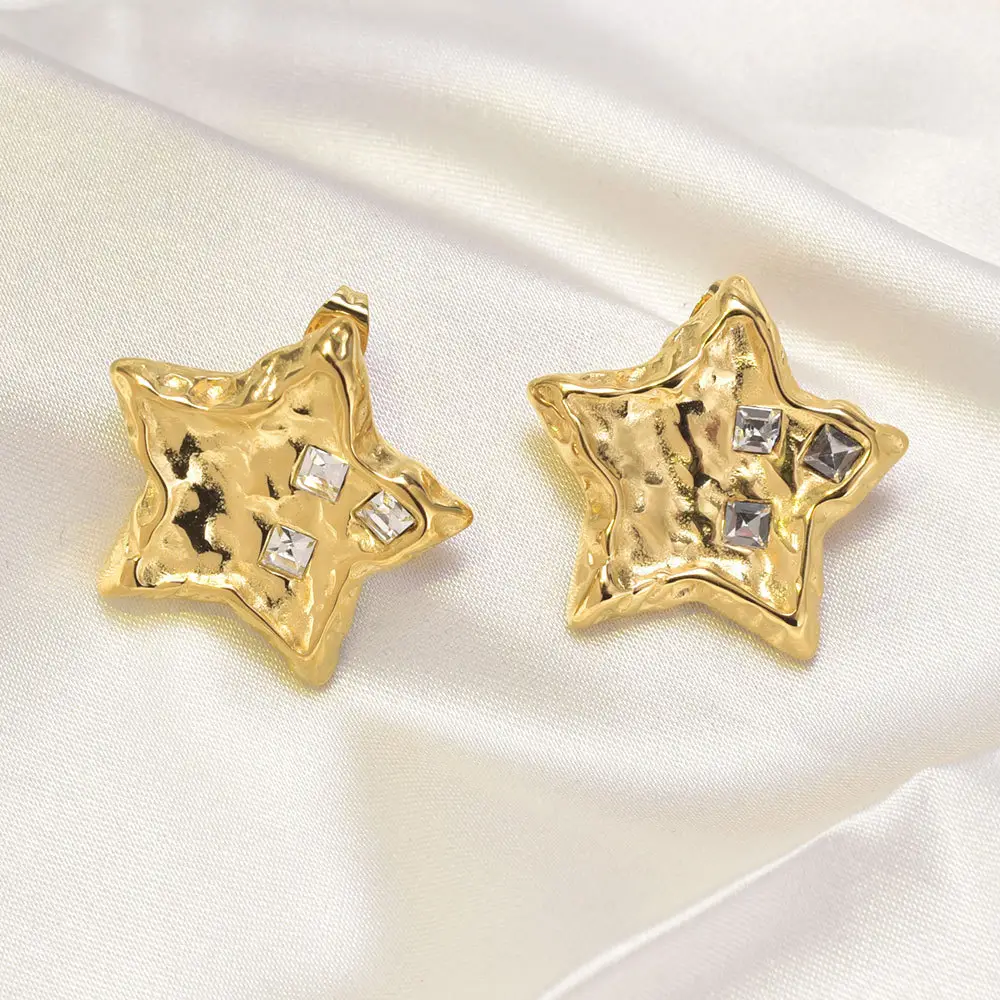VANFI Fashion Ladies 18K Gold Stainless Steel Vintage Style Star Earrings White Rhinestone Hoop for Gift