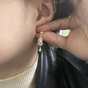 S925 Pure Silver Hollow Water Droplet Design Retro Light Luxury Zircon <b>Pearl</b> Tassel <b>Dangle</b> <b>Earrings</b> Niche Fashion Accessory - Product Image 2