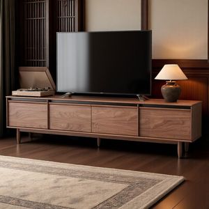 Meuble TV Wanjulai en bois massif style nordique minimaliste, couleur noyer, avec rangement, pour salon, sur pied - Product Image 1