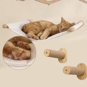 Arbre à chat écologique marron avec hamac, perchoirs, griffoir mural en bois et meuble flottant pour chat, thème Noël - Product Image 3