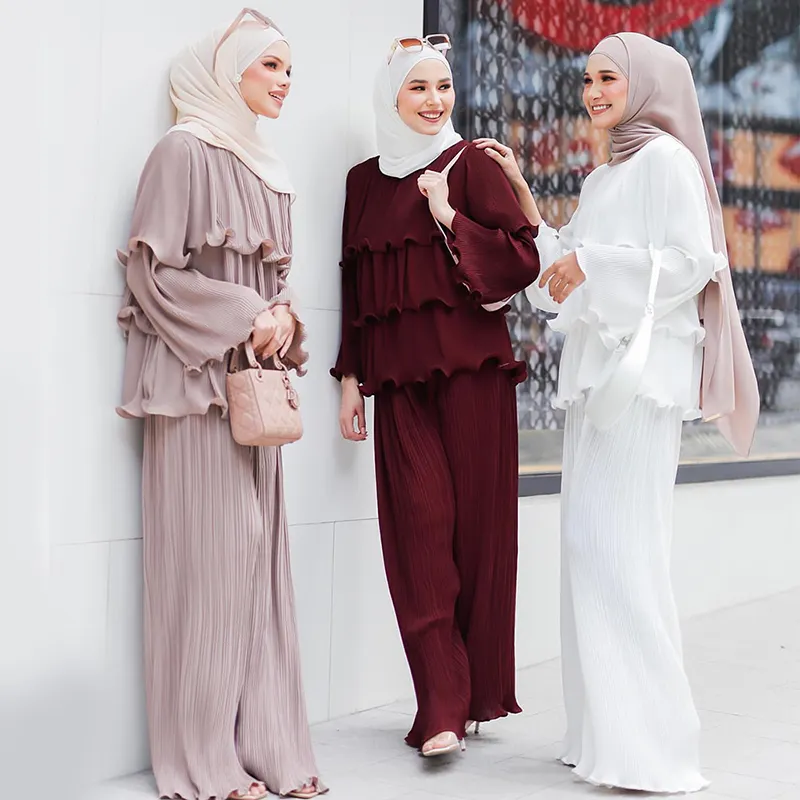 Исламские мусульманские женские туника и брюки, набор из Малайзии, индейки, рукава с оборками, плиссированные Baju kurung, однотонный комплект из 2 предметов, мусульманские женщины