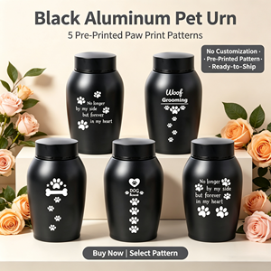 Guci Penyimpanan Jenazah Hewan Peliharaan dari Aluminium Hitam Matte Melengkung dengan Lima Pola Cetak, Tersegel Rapat, untuk Dekorasi Kenangan di Rumah - Product Image 1