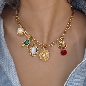Women's Gold Tone Charm Necklace With Pearl Oval And Red Bead Pendant Everyday Wear - Product Image 1