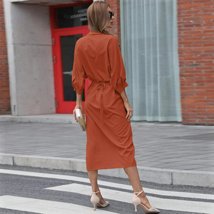 <b>French</b> retro shirt dress with women's lapel and waist cinching lace up mid length commuting skirt - Product Image 6