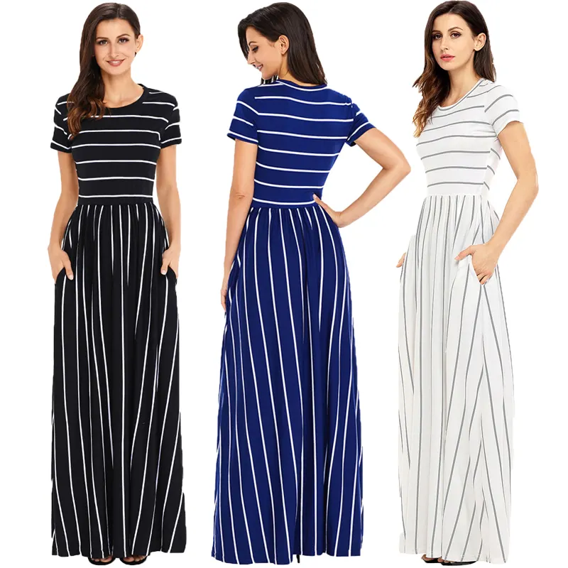 New Fashion Women Striped Ivory Short Sleeve Long Maxi Casual Dress