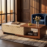 Table basse moderne de luxe en bois bicolore avec tiroirs à motif chevron et étagère de rangement ouverte pour salon et mobilier de villa