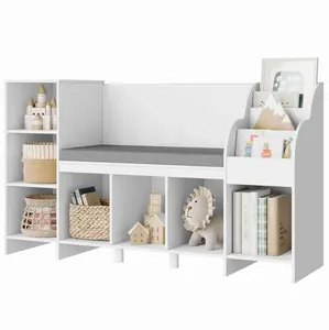 Kids Bookshelf with Reading Nook Wholesale Easy Assembly Multi-Functional Display Shelf Wooden 7 Storage Compartment Bookcase