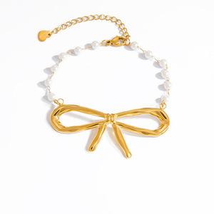 Stainless Steel Pearl <b>Bracelet</b> <b>Set</b> With Gold Tone Bowknot Necklace For Women Everyday Wear Freshwater Pearl Jewelry <b>Set</b> - Product Image 5