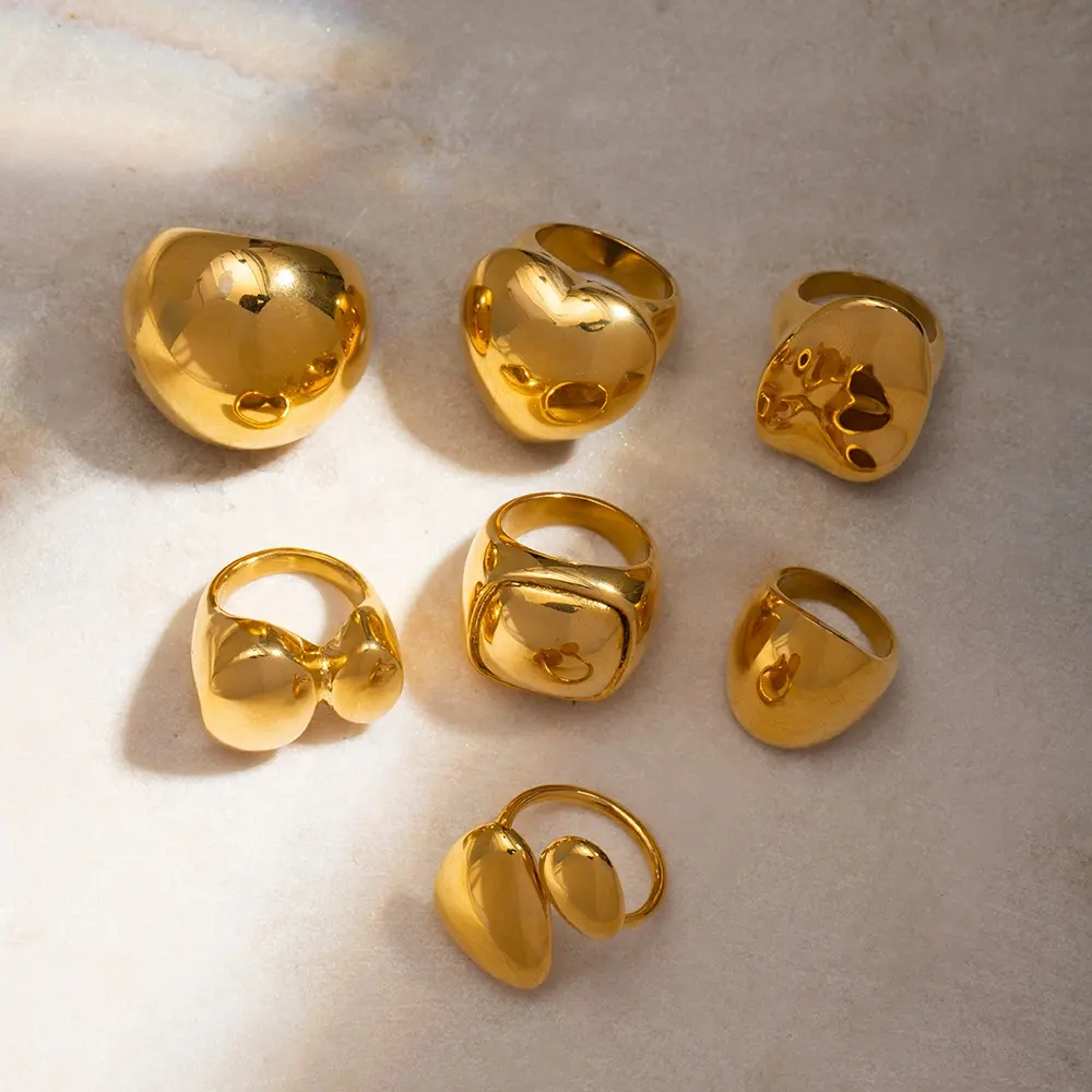 Joyería gruesa de moda de verano 2024, anillos de Hip Hop impermeables de acero de titanio chapado en oro de 18 quilates, venta al por mayor, anillo de bola exagerado para mujer
