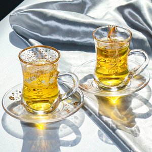 Золотая кофейная чашка в турецком стиле с индивидуальным дизайном, классическая стеклянная чашка для послеобеденного чая и свадебного торжества с блюдцем в комплекте - Product Image 3