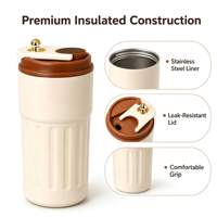 Gobelet isotherme à rayures verticales de 450 ml, avec couvercle à bouton doré, en acier inoxydable, pour les voyages
