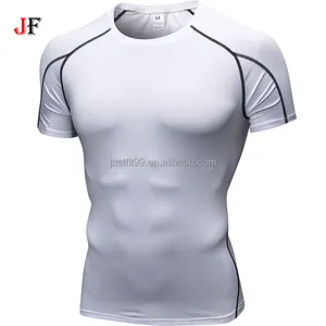 Erkek uydurma T-shirt spor spor koşu eğitim Spandex Polyester T Shirt hızlı kuru kısa kollu sıkıştırma gömlek