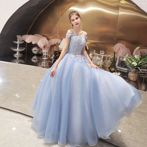 Off The Shoulder Tulle Ball Gown Dress Empire Waist Lace Up Blue Gray Adult Evening Wear - Product Image 3
