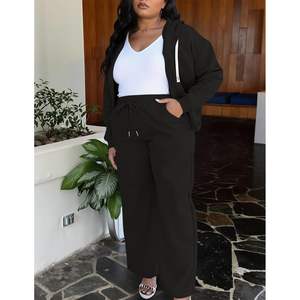 Conjunto deportivo de 2 piezas para mujer, talla grande, con sudadera con cremallera y pantalones anchos, ropa informal para estar en casa, mezcla de poliéster y spandex de peso medio. - Product Image 3