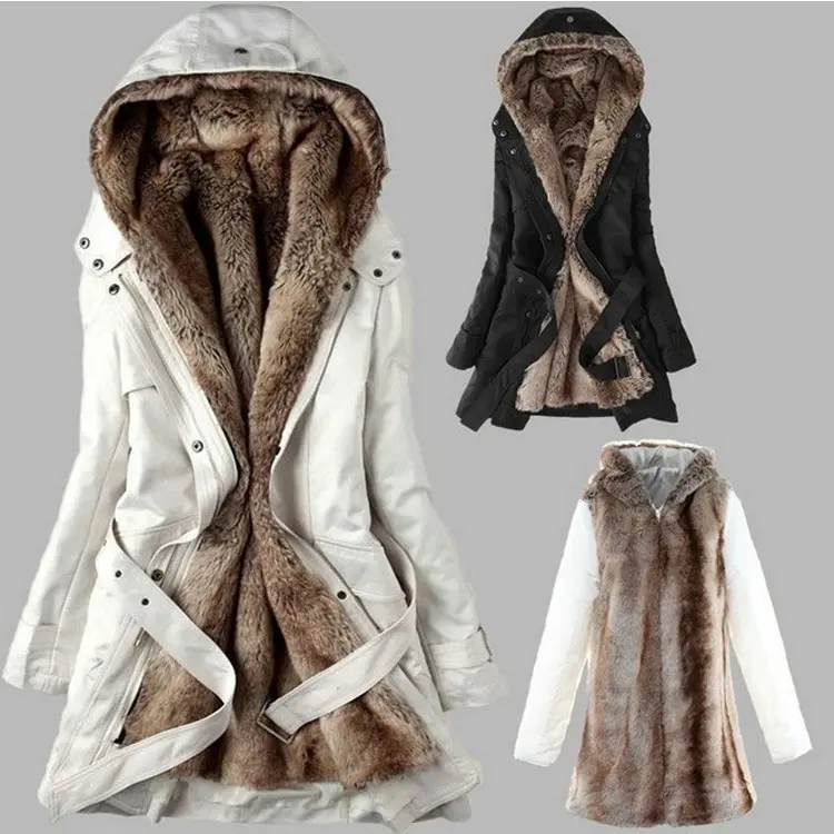 Awabi Factory Women Winter Long Cotton Padded Coat Parka Down Jacket Fur Collar Hooded Outwear