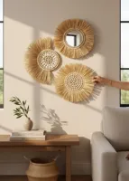 Cadeaux d'entreprise : Miroir mural artisanal bohème en fibres naturelles, décoration murale en fibres naturelles pour salon, chambre et studio de boutique