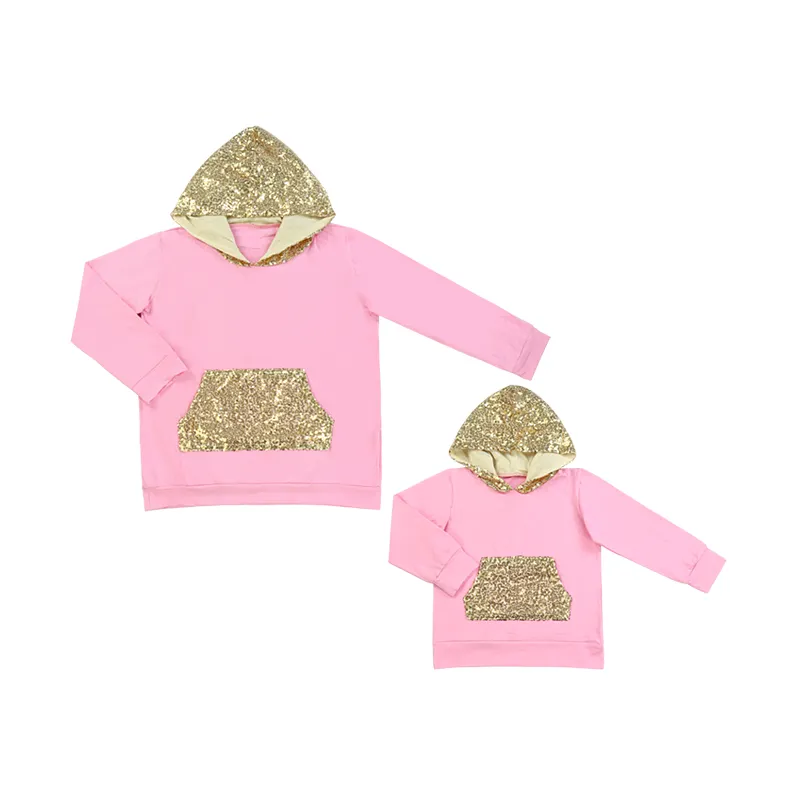 Suéter con capucha para mamá y yo, suéter de Color rosa con bolsillo de lentejuelas de Color dorado